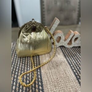 VTG 50's H L (Harry Levine) Mini Evening Gold Lame Handbag Shoulder Bag w/Amber